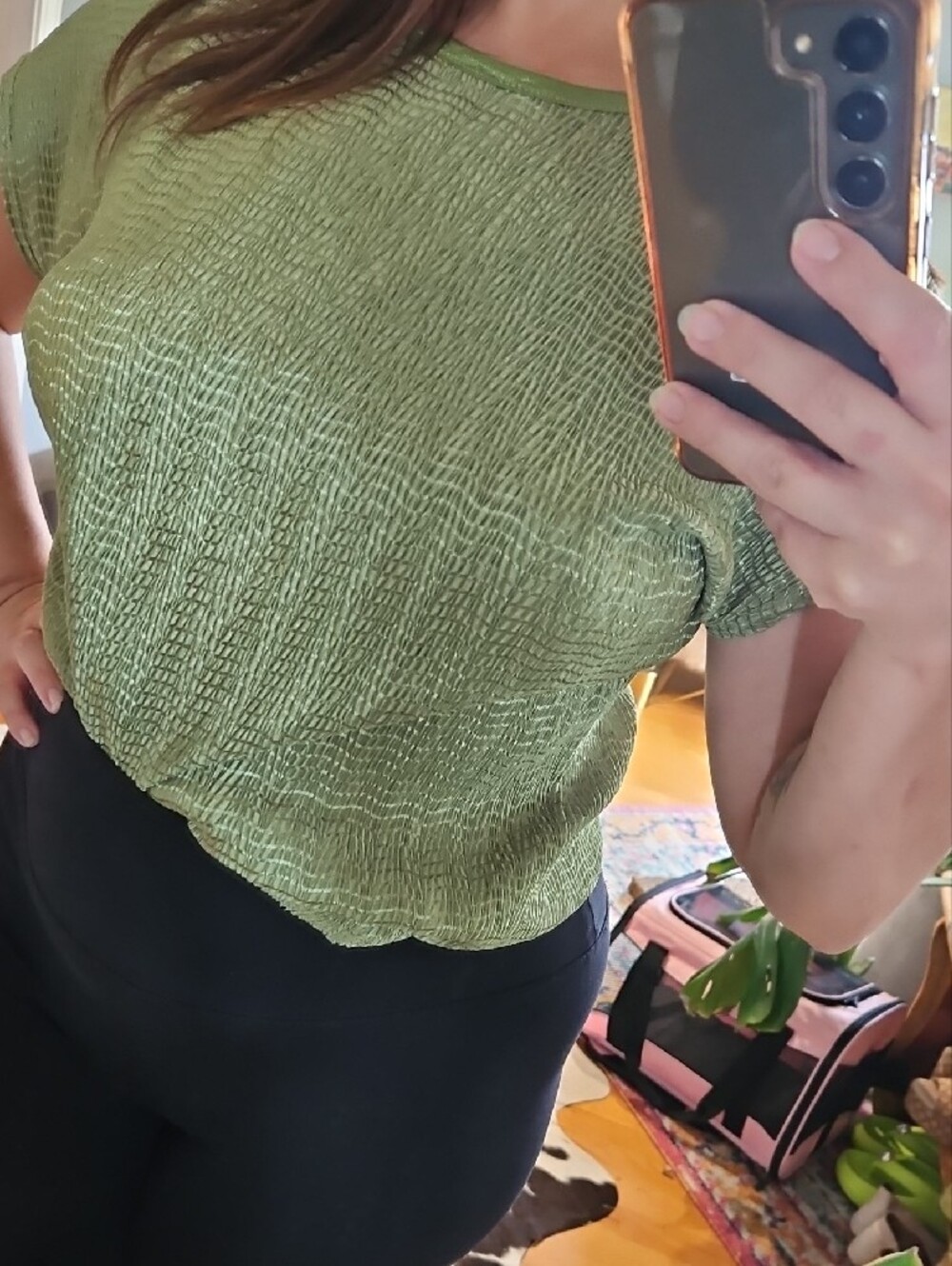 TanJay Olive Textured Short Sleeve Knit Top